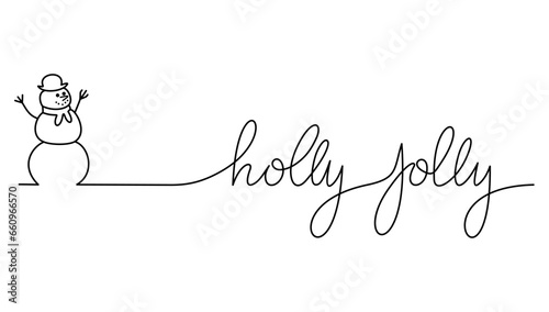 christmas snowman one line art with holly jolly letter vector, for background, invitation card