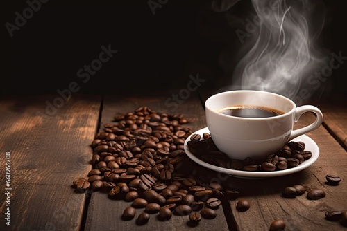 Cup of morning bliss. Steamy espresso aromas in rustic surroundings. Dark elegance. Vintage coffee cup filled with goodness. Savor flavor. Steam rising from freshly brewed
