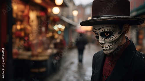 A man in black clothes and a hat in an image for Halloween or Day of the Dead.