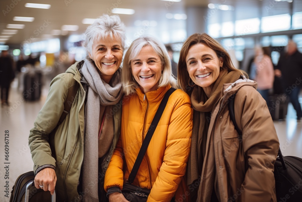 Old Women Friends Travelling, Joyful Senior Women at the Airport, Retired Travel Companions