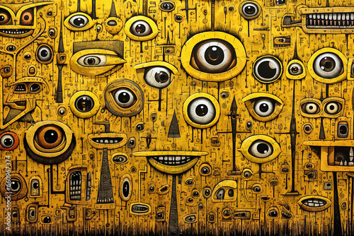 Horizontal bizzare yellow background with eyes. Whimsical psychedelic artwork. Generative AI photo