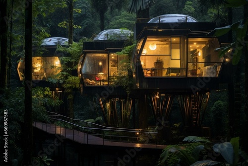 Resort in isolated rainforest built with innovative construction technique. Generative AI
