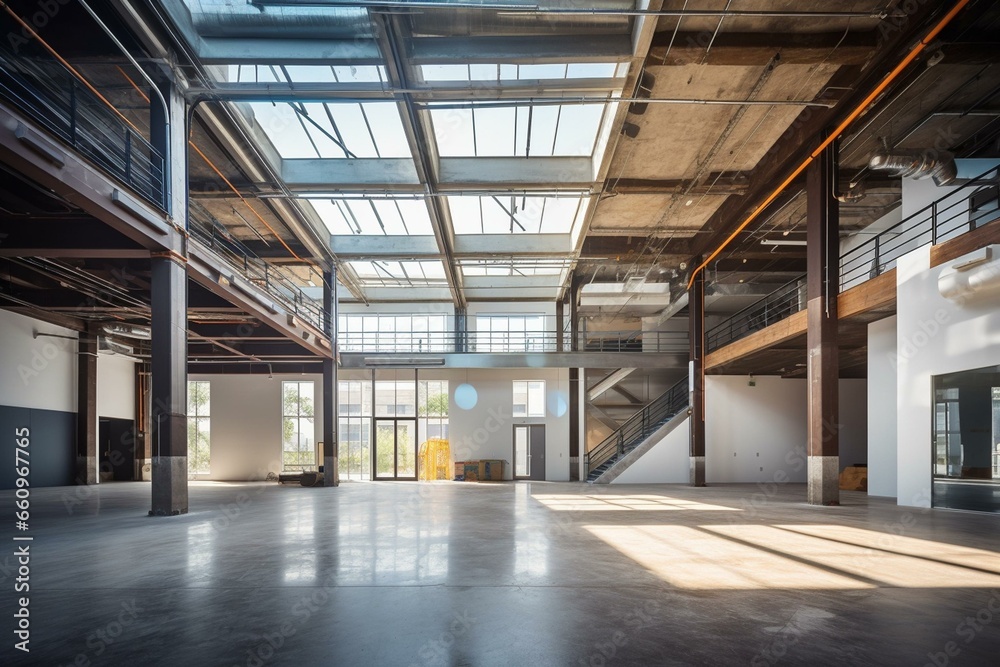 Image showcasing Lofty industrial space with tall ceilings and visible ducts. Generative ...