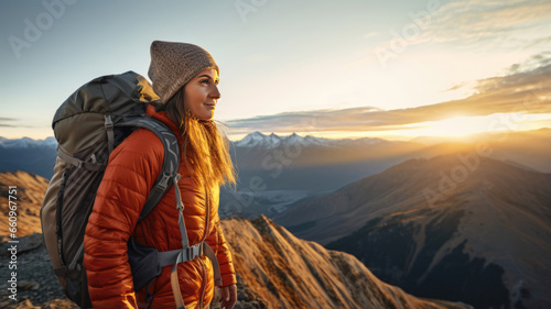 Portrait of a female hiker with a backpack on the mountain photo