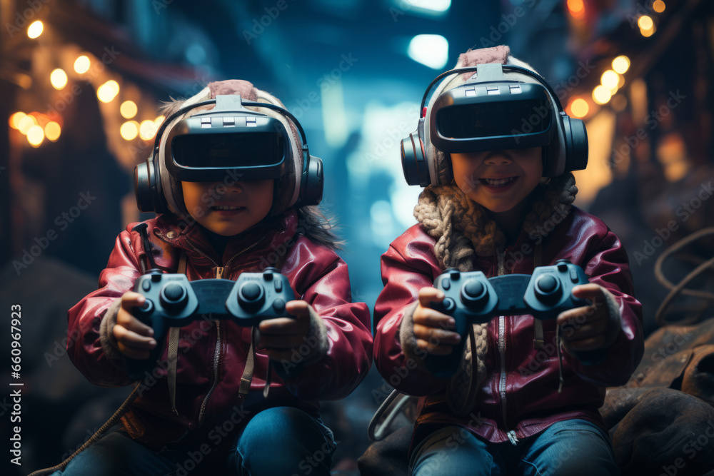 Twins immersed in a virtual world while holding video game controllers, captured in an artistic photo-realistic style, Generative AI