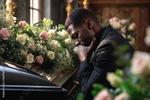 Young African American man says goodbye to a deceased man in a church. A coffin, flowers and a grieving relative are nearby. The pain of loss and leaving for a better world. © Stavros