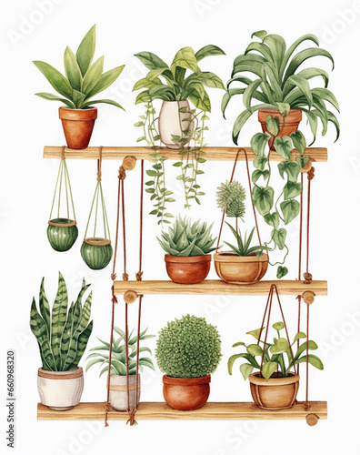 the decor of figurines and plants pot watercolor
