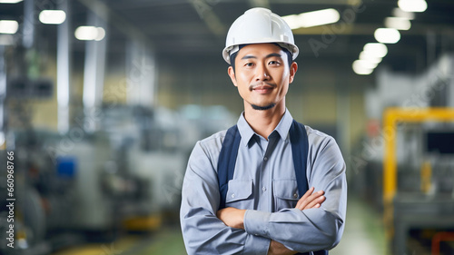 Portrait of a smiling asian factory worker wearing hard hat and work clothes standing besides the production line.
 photo