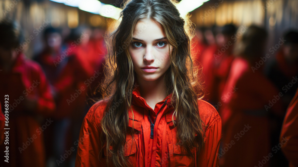 Emotive portrait of resilient teenage girl amid bullying in colorfully lit school hallway.