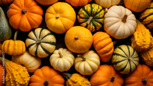 Colorful pumpkins background. Autumn harvest concept. Top view.