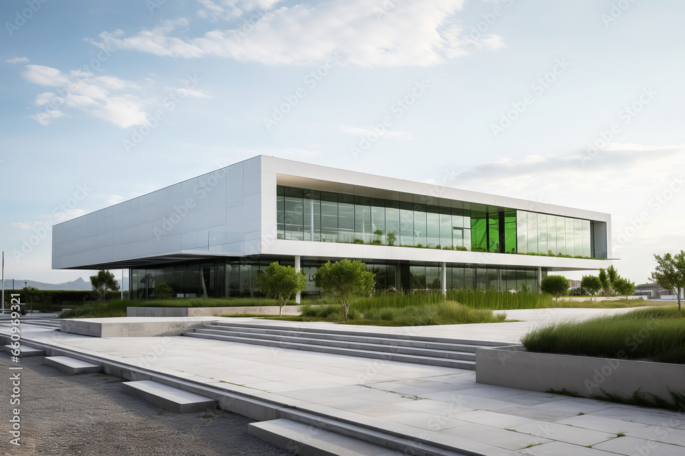 A white concrete industrial building with a green roof, for offices, with windows on the side, in the style of futuristic A white concrete industrial building with a green roof, for offices, with windows on the side, in the style of futuristic