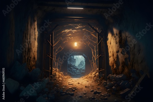Inside an old abandoned mine shaft the passageway has been closed by welded iron bars with human remains behind it highly detailed 8k high definition film still v 4 