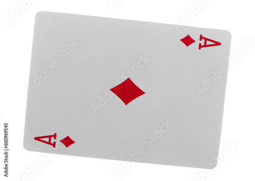 Flying playing card for poker and gambling, ace diamonds isolated on white, clipping path
