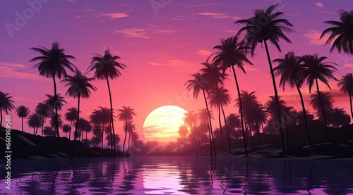 Purple neon wireframe landscape with palm trees against violet sunset sky. Cyberpunk scene. Cyberspace art. Futuristic wallpaper in style of 80's. © Crazy Dark Queen