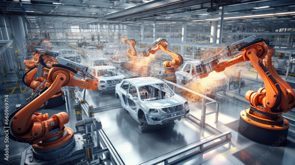 Automated Robot Arm Assembly Line Manufacturing Advanced High-Tech Green Energy Electric Vehicles. Construction, Building, Welding Industrial Production Conveyor.AI generated Automated Robot Arm Assembly Line Manufacturing Advanced High-Tech Green Energy Electric Vehicles. Construction, Building, Welding Industrial Production Conveyor.AI generated