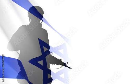 Silhouette of soldier with Israel flag on white background. Concept - armed forces of Israel. EPS10 vector