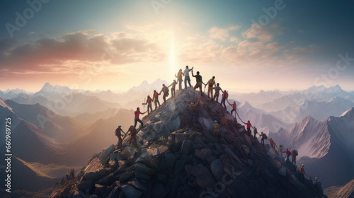 Epic image with hikers helping each other reach the mountain top, Generative AI