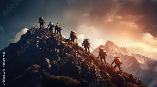 Epic image with hikers helping each other reach the mountain top, Generative AI photo