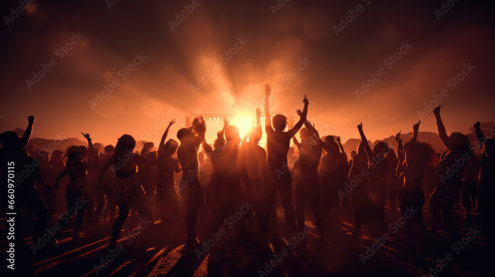 Silhouette of large group of people dancing outdoor at music festival, Generative Ai illustration