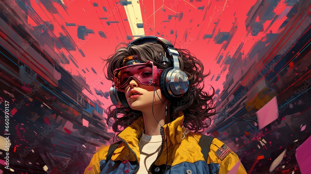 Generative AI, person in glasses, cyberpunk anime style. Light yellow and pink colors, virtual reality concept
Generative AI, person in glasses, cyberpunk anime style. Light yellow and pink colors, virtual reality concept