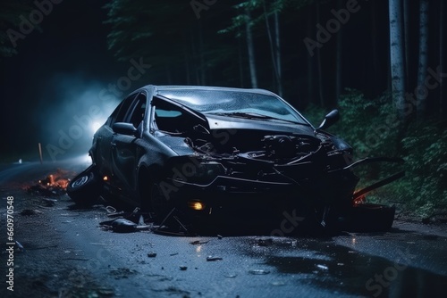 Car accident - car being torn to pieces on the side of a forest road. The dangers of speeding and drunk driving. Life, liability and property insurance.