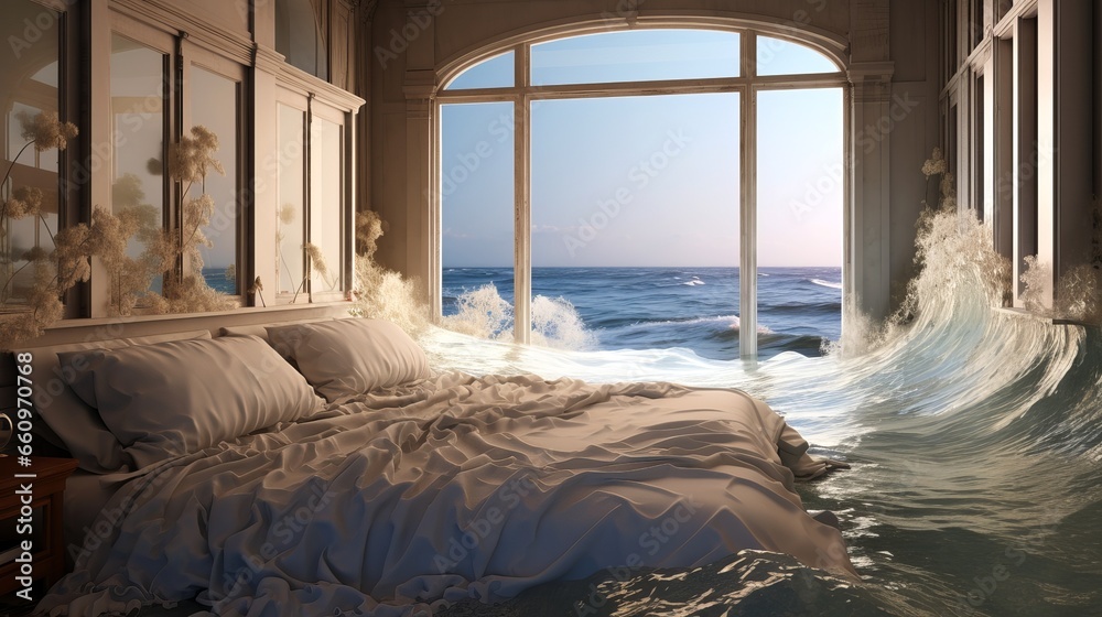 Ocean in the bedroom. Bed in the sea waves - obrazy, fototapety, plakaty 