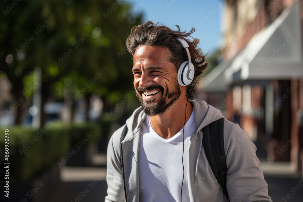 A mature man in a casual white T-shirt and sunglasses listens to music on headphones while walking down the street. Enjoying life A mature man in a casual white T-shirt and sunglasses listens to music on headphones while walking down the street. Enjoying life