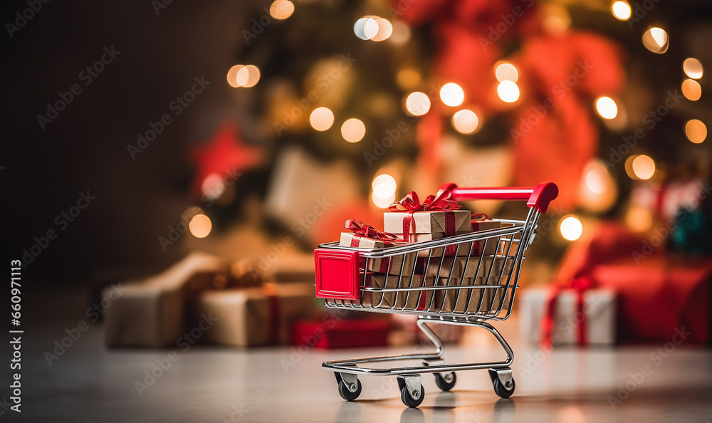 Shopping cart full with Christmas gift boxes on bokeh golden red background with lights.Online christmas shopping and sale.Supermarket trolley full presents. Banner with copy space. Merry Christmas