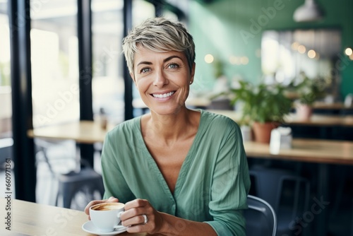 Portrait of an adult woman office tablet in her hands. Stylish adult woman smiling and looking at the camera against the backdrop of a modern coworking space.