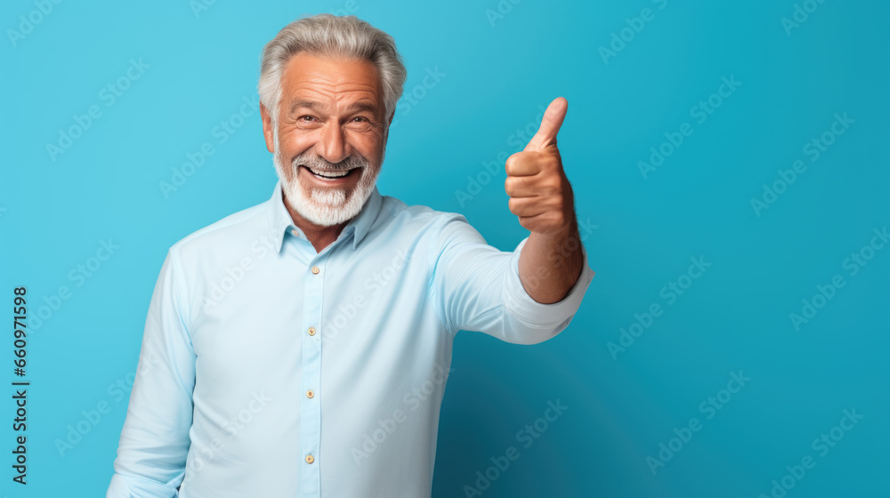 Naklejka premium Senior man standing over isolated blue background doing happy thumbs up gesture with hand.