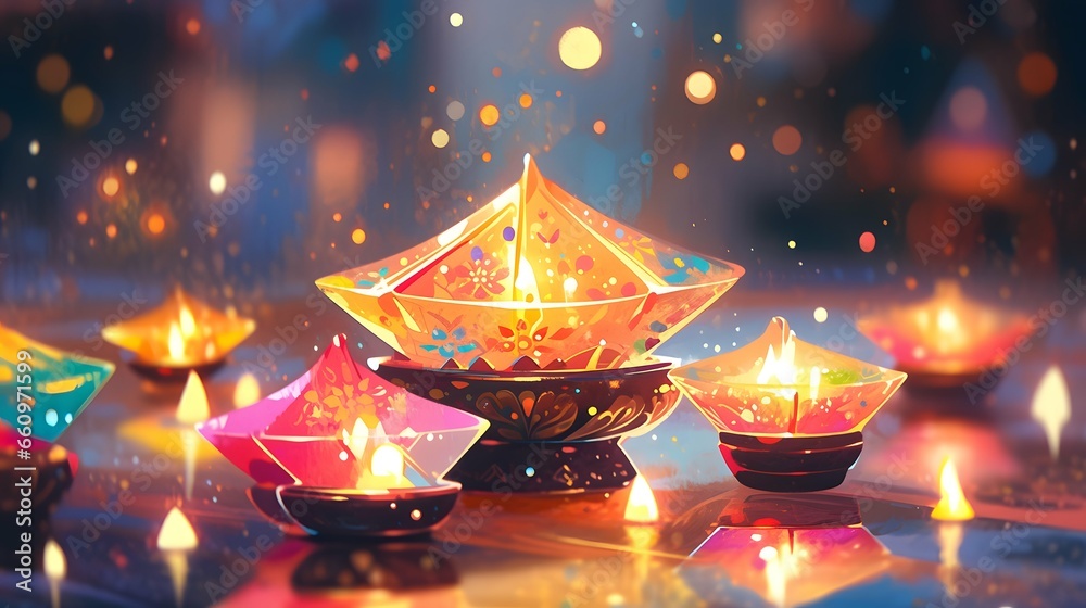 Diwali lights celebration background, hindu festival, india, diya lamp - obrazy, fototapety, plakaty 