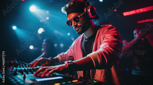 DJ plays during at nightclub during party.