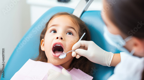 Dentist examining little girl s teeth in clinic