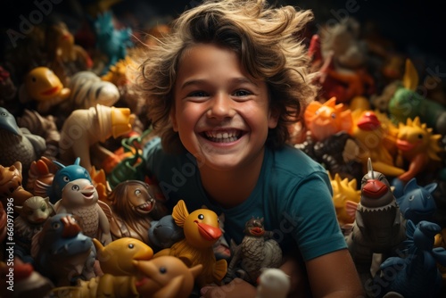 Stock photo capturing the genuine happiness and connection between children as they engage in playful activities with their toys, Generative AI