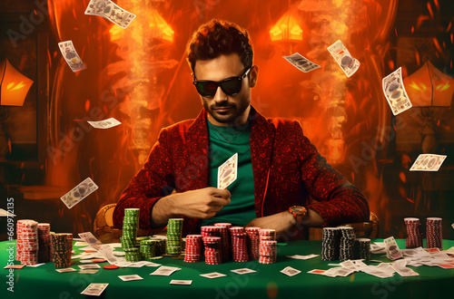 poker winner, holds playing cards, holding money, jackpot winner, gambling concept banner, Casino concept. mobile gambling applications. lots of money. banner game design, Web banner game, concept photo