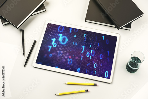 Creative abstract binary code sketch on modern digital tablet screen, hacking and matrix concept. Top view. 3D Rendering
