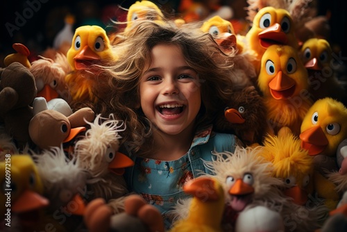 Stock photo that freezes in time the genuine laughter and playful interaction of children surrounded by their beloved toys, Generative AI  photo