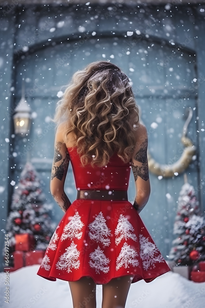 Girl in red dress with christmas gift, christmas tree, holidays.