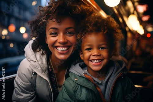 Mom and child on amusement rides, having fun, enjoying the time spent. Recreation and entertainment