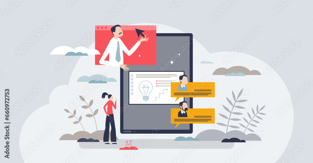 Online tutor as distant learning or teaching web platform tiny person concept. Support and help with intelligent guidance teacher, streaming homework explanation using internet vector illustration.