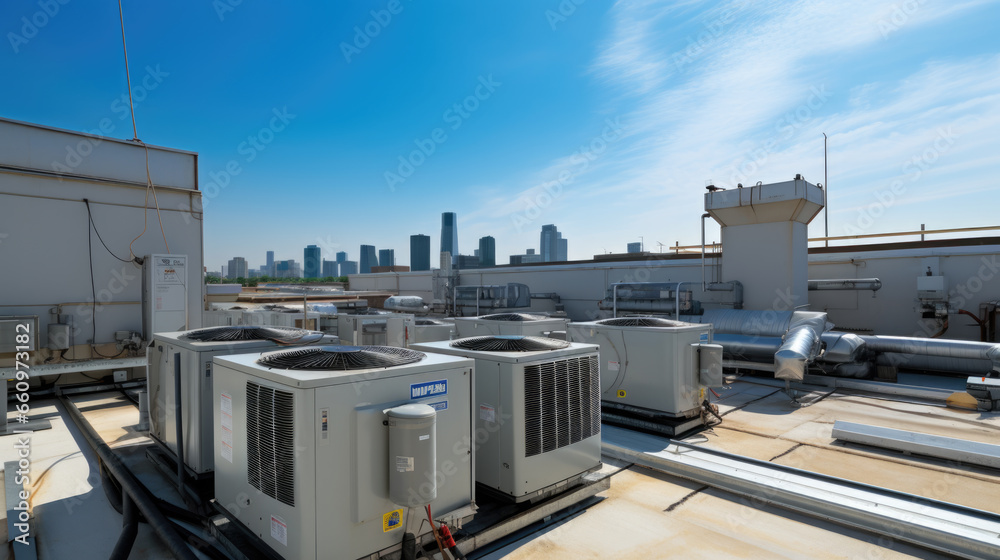 Air conditioning (HVAC) installed on the roof of industrial buildings. Air conditioning (HVAC) installed on the roof of industrial buildings.
