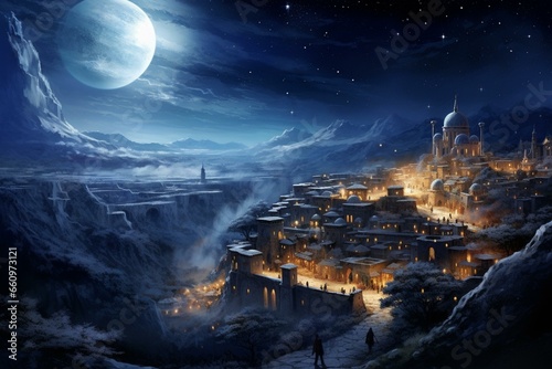 A stunning nativity scene of the Star of Bethlehem, glowing amidst a deep, starry night sky. Generative AI