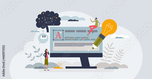 Virtual writing tutor and digital AI assistant for text tiny person concept. Creative artificial intelligence support for innovative book or document vector illustration. Editor work automation. photo