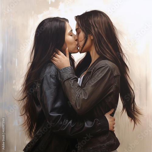 Two women kiss and hug, long dark hair, light background