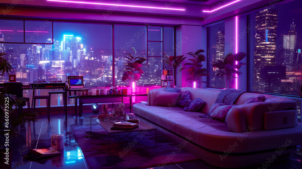 Night. View Interior Rendering Interior of modern living room with night city view. 3D rendering ...