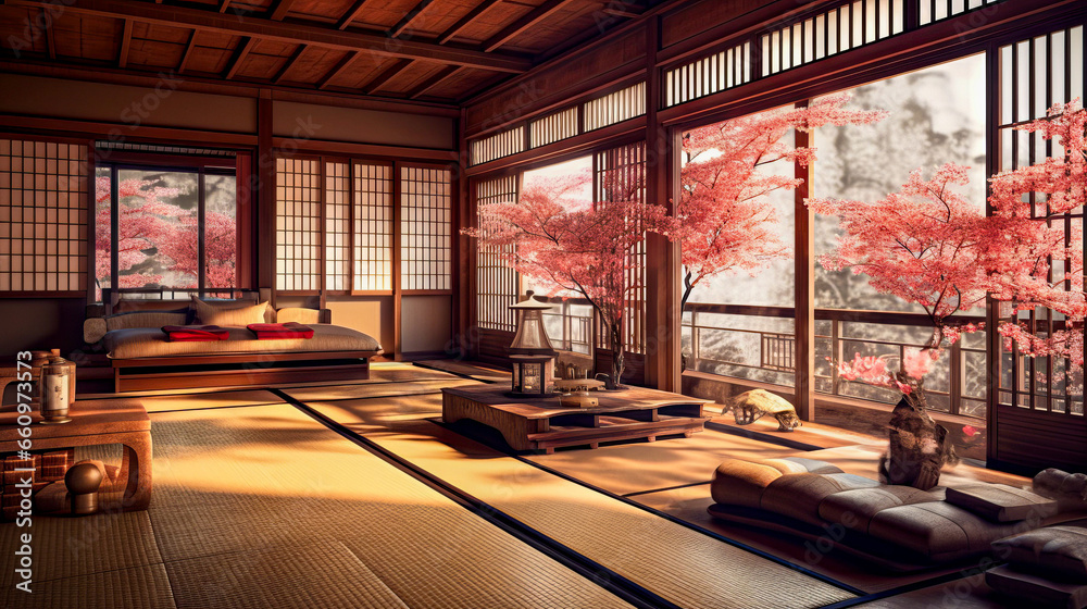 Japanese style room with cherry blossom and window view. Interior of an old living room. Concept of an ecological house. Interior of an Eco penthouse 3d render.