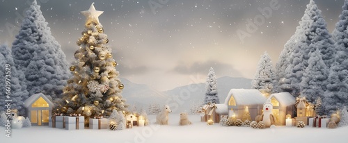 Whimsical Christmas backdrop, spotlighting a snow-draped fir tree surrounded by playful Christmas toys and snowflakes. Empty area perfect for a holiday wish. generative AI © yj