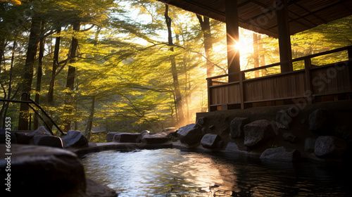 Beautiful traditional Japanese hot springs resort with a beautiful renovated old house and mountains in the background. Asian traditional spa town by a lake on a foggy mountain morning.