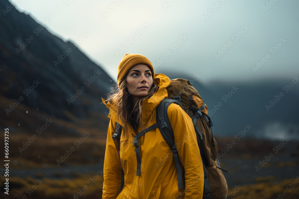 A beautiful girl in a yellow jacket with a backpack walks in the mountains. A girl in a yellow jacket travels in the mountains. travel concept