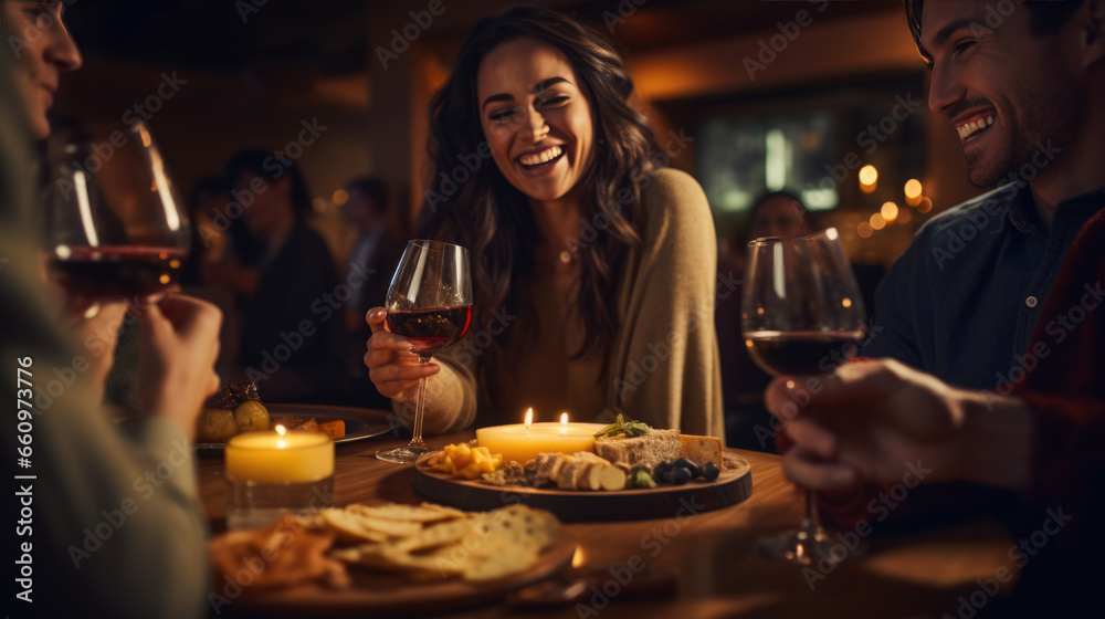 Group of friends tastes an assortment of cheeses with wine at a restaurant